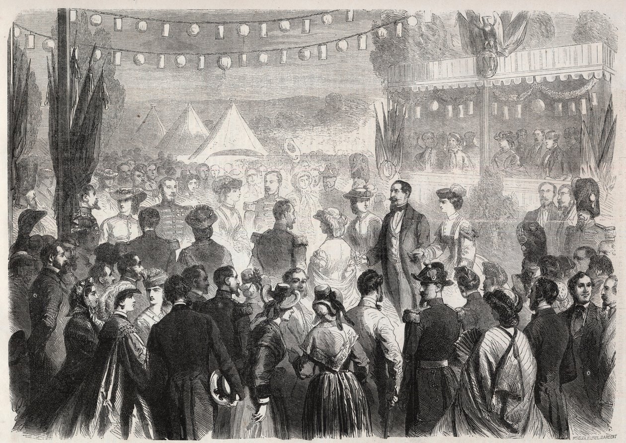 Improvisierter Ehrentanz von Napoleon III. (1808-1873) im Lager der Grenadiere in Vichy am 21. Juli 1861 - Gravur in „Le Monde Illustré“ von Unknown artist