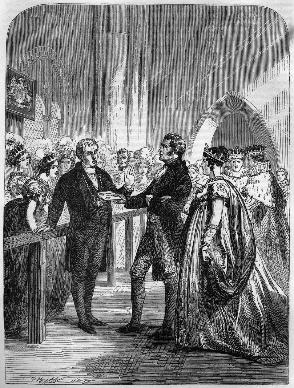 Königin Caroline (Caroline von Braunschweig-Wolfenbüttel), Königin von König Georg IV. des Vereinigten Königreichs, wird 1820 von der Tür der Westminster Abbey abgewiesen (Gravur). von Unknown artist