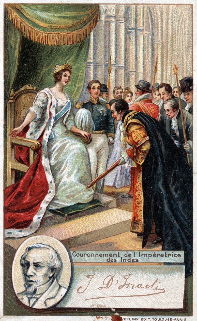 Königin von England Victoria zur Kaiserin von Indien gekrönt 1877 mit Unterstützung von Benjamin Disraeli (1804-1881) britischer Schriftsteller und Politiker. Chromolithographie des 19. Jahrhunderts von Unknown artist