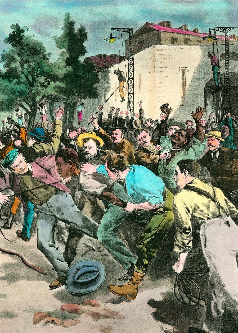 Rassismus-Szene: Lynchmord an Schwarzen in den Vereinigten Staaten, beschuldigt, weiße Menschen getötet zu haben. Gravur des 19. Jahrhunderts von Unknown artist