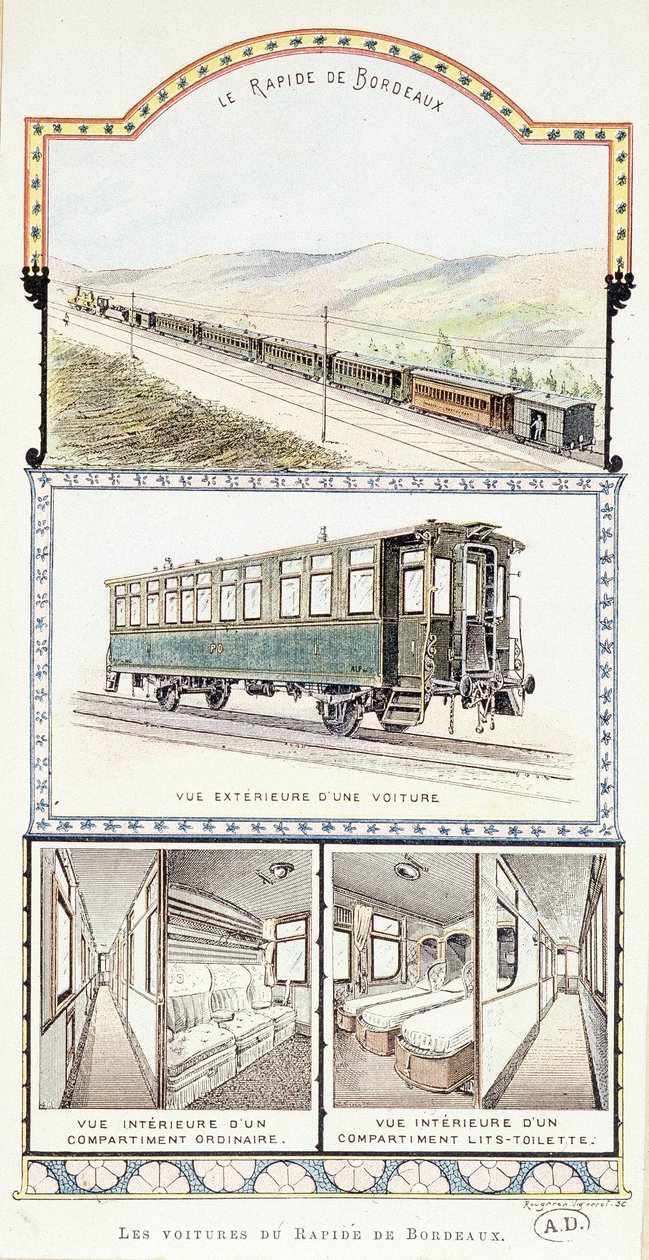 Eisenbahnen von Orléans: Außen- und Innenansichten der Bordeaux-Schnellwagen von Unknown artist