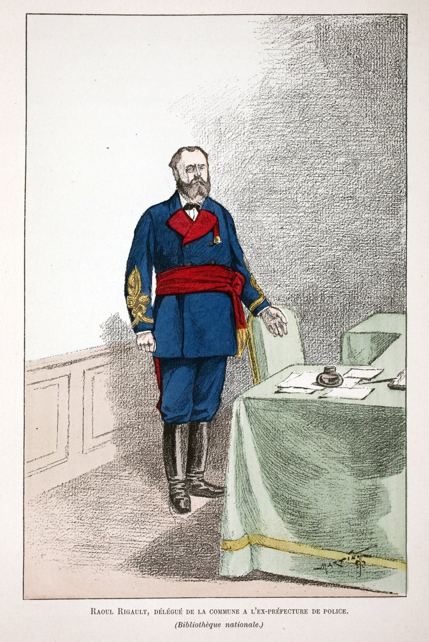 Raoul Rigault (1846-1871), Delegierter der Kommune bei der ehemaligen Polizeipräfektur. Farbradierung zur Illustration „Histoire du corps des gardiens de la paix“, Buch veröffentlicht unter der Schirmherrschaft von Louis Lepine (1846-1933), Polizeipräfekt  von Unknown artist