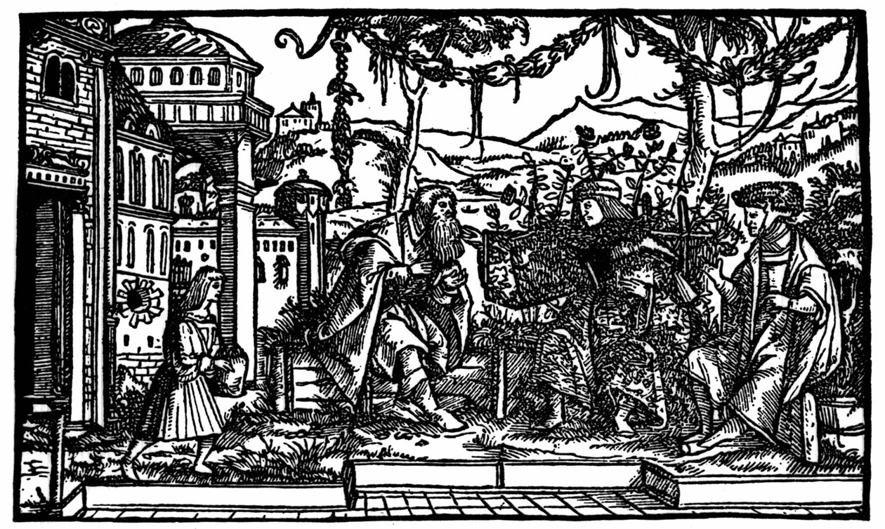 Raphaël Hythlodée, ein Reisender, der fünf Jahre in Utopia verbrachte, erzählt Thomas More und Pierre Gilles von seiner Reise. Holzschnitt, veröffentlicht in der Ausgabe von „Utopia“ von Thomas More (1478 - 1535) von 1516. von Unknown artist