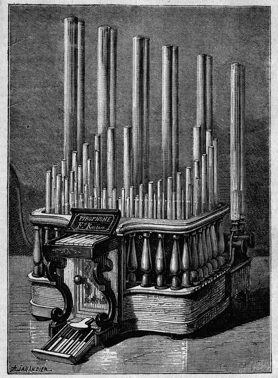 Seltene oder imaginäre Instrumente: Das Pyrophon oder „singende Flammen“ von Frédéric Kastner (Instrument, das durch Gasstrahlen Flammen erzeugt) von Unknown artist
