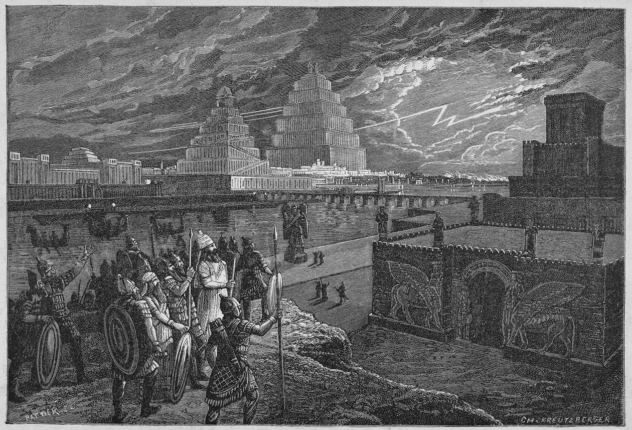 Rekonstruktion der Tempel und Paläste entlang des Flusses von Babylon - Mesopotamien: Rekonstruktion der Stadt Babylon, erbaut unter der Herrschaft von König Nebukadnezar II. von Unknown artist