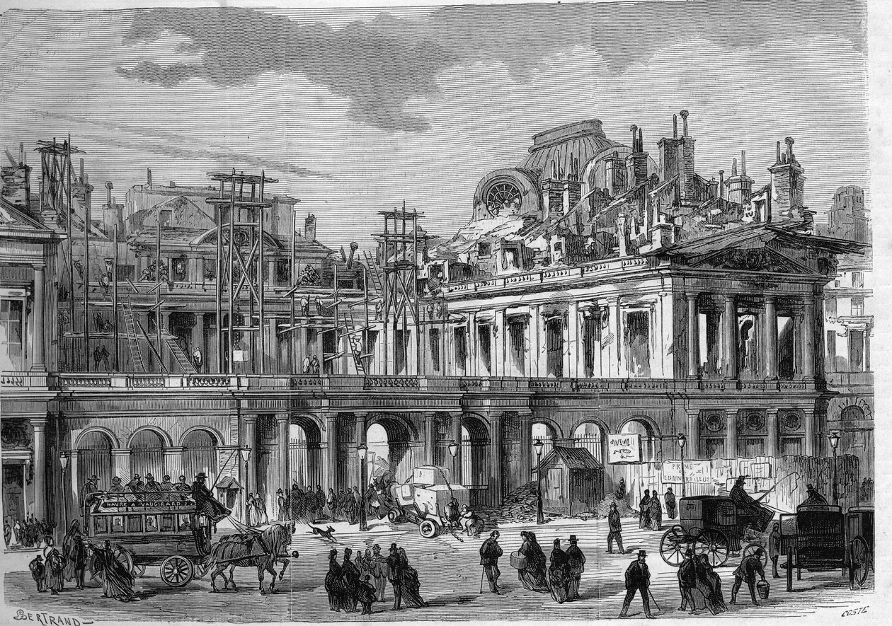 Wiederaufbauarbeiten des Königspalastes (Palais-Royal) in Paris. Gravur in „L