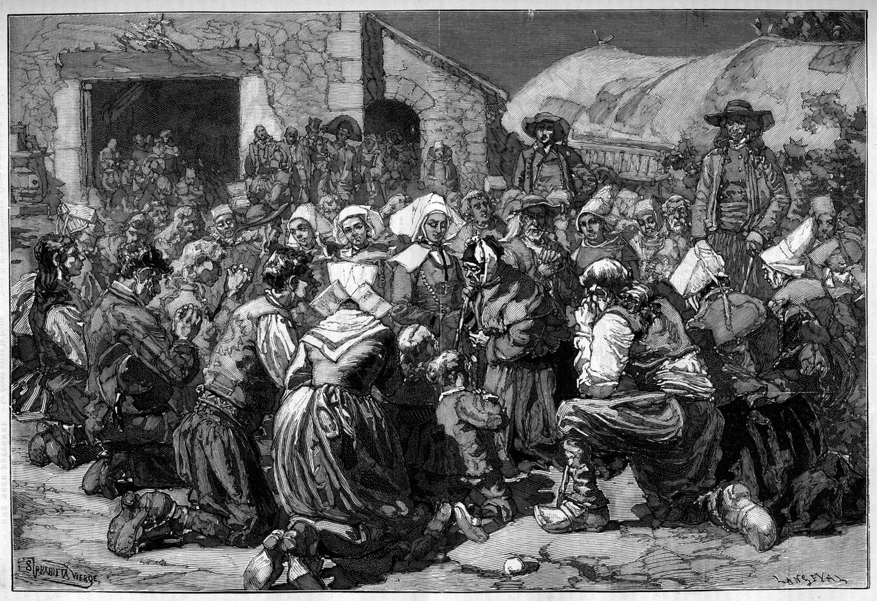 Regionale Sitte Frankreichs, bretonische Hochzeit: Bettler beten für die Ehepartner. Gravur in „Le Monde Illustré“ von Unknown artist
