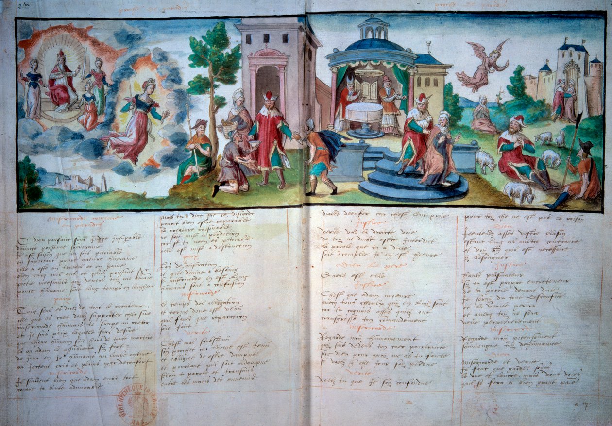 Religiöses Theater: „Passion und Auferstehung“ gespielt in Valenciennes im Jahr 1547. Manuskriptseite mit Aquarell, Paris, B.N. von Unknown artist