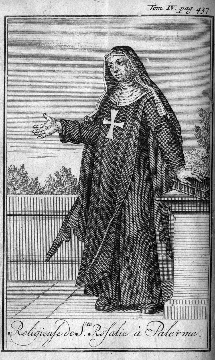 Religiöser Orden. Religiöse der heiligen Rosalia in Palermo auf Sizilien im 17. Jahrhundert. In „Geschichte der militärischen Orden oder Ritter, der sicheren und routinemäßigen Milizen beider Geschlechter, die bisher gegründet wurden. Ausgabe von Abbe Gius von Unknown artist
