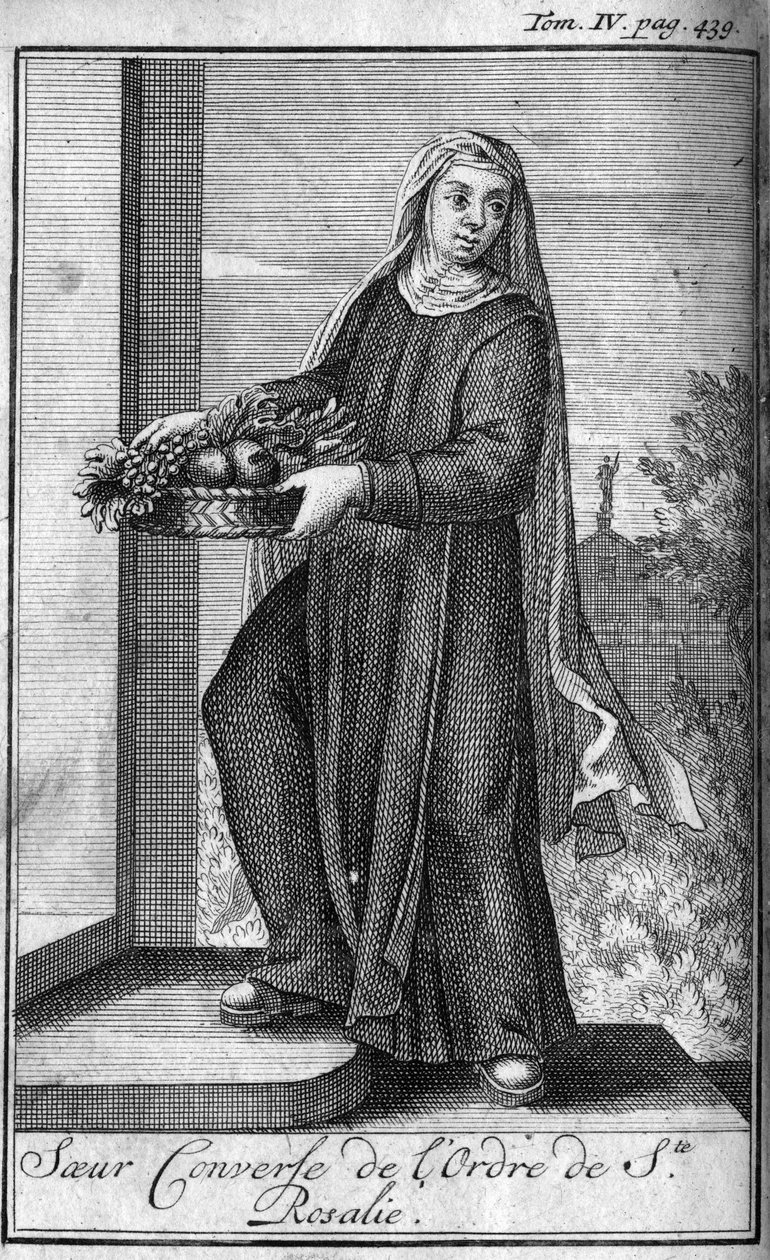 Religiöser Orden. Schwestern des Ordens der heiligen Rosalia in Palermo auf Sizilien im 17. Jahrhundert. In „Geschichte der militärischen Orden oder Ritter, der sicheren und routinemäßigen Milizen beider Geschlechter, die bisher gegründet wurden. Ausgabe v von Unknown artist