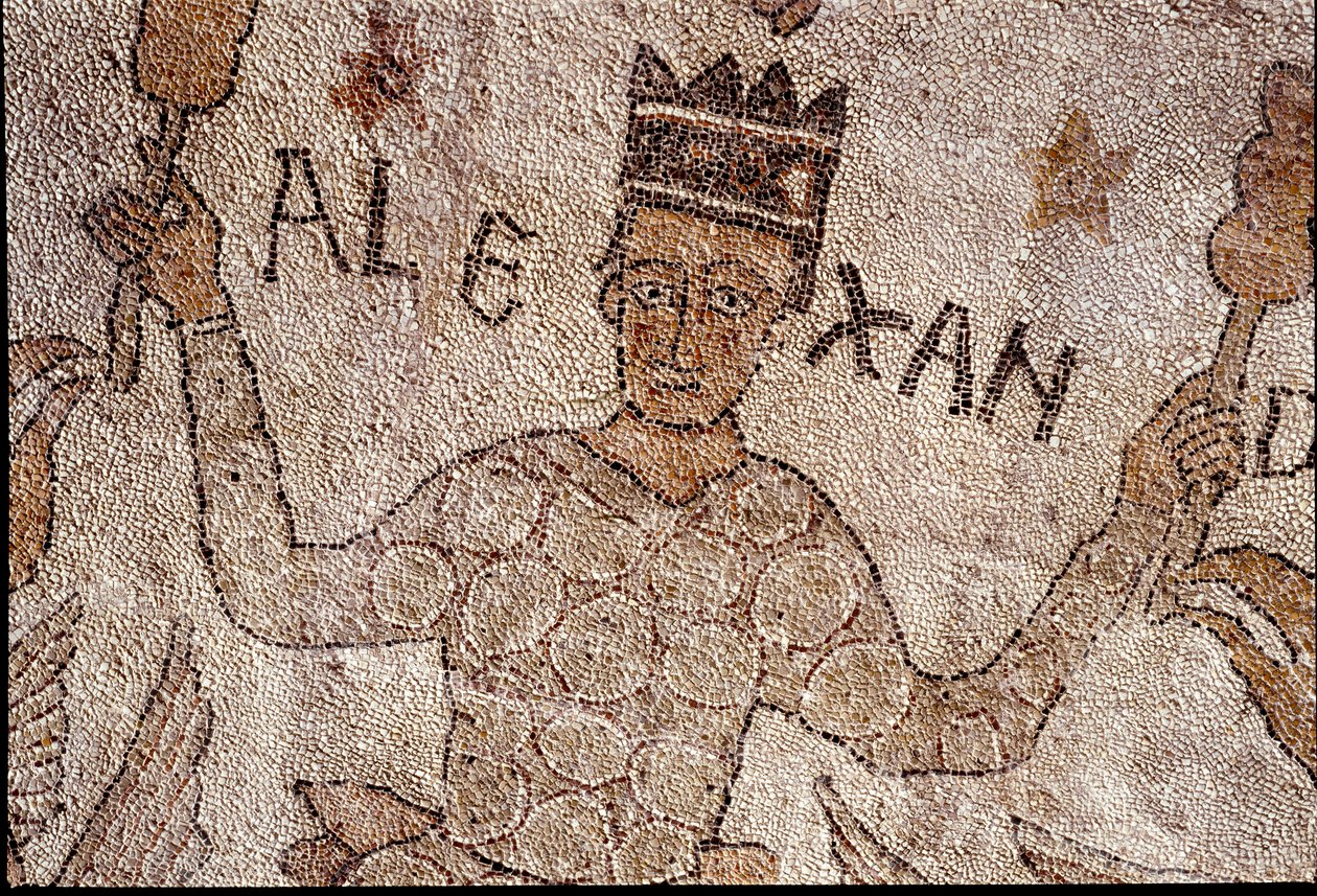 Darstellung von Alexander dem Großen (356-323 v. Chr.), König von Makedonien und Eroberer von Persien, umgeben von indischer Fauna während der Eroberung Indiens. Bodenmosaik von Pantaleone (oder Pantaleon) von Unknown artist