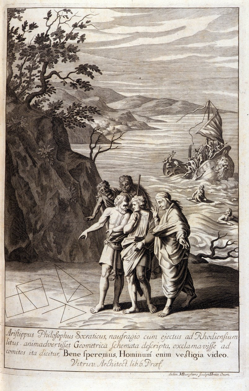 Darstellung von Aristippos von Kyrene (435-356 v. Chr.), griechischer Philosoph und Schüler von Sokrates, nach dem Schiffbruch, der ihn an die Küste von Rhodos warf, entdeckt er geometrische Spuren im Sand. Gravur aus Buch XV von Euklids „Elemente“. 1591 von Unknown artist