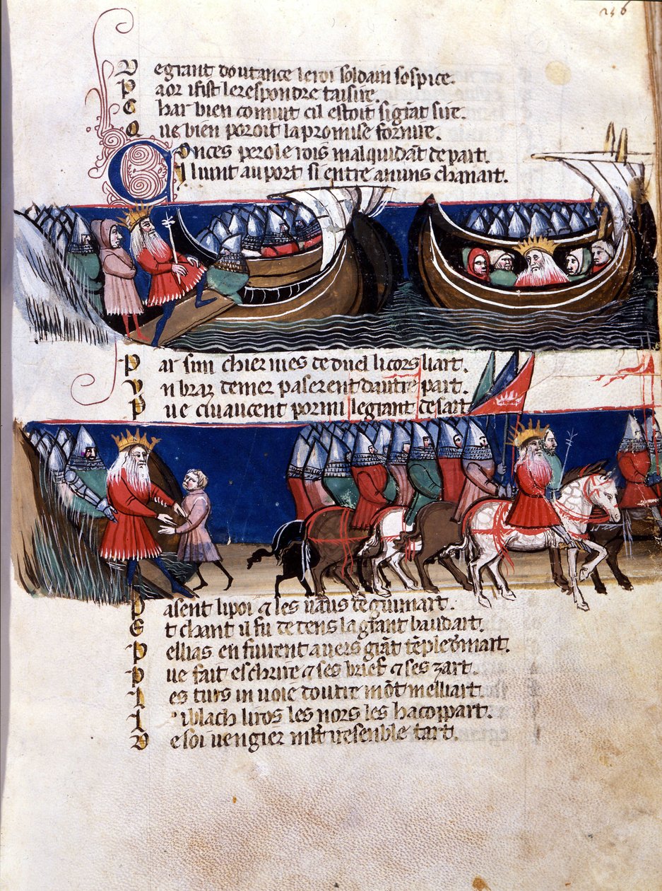 Darstellung von Karl dem Großen (742-814) während seiner Eroberungen: Er segelt oben auf einem Schiff und unten führt er seine Armeen. Miniatur aus dem französisch-italienischen Manuskript „Entrée d