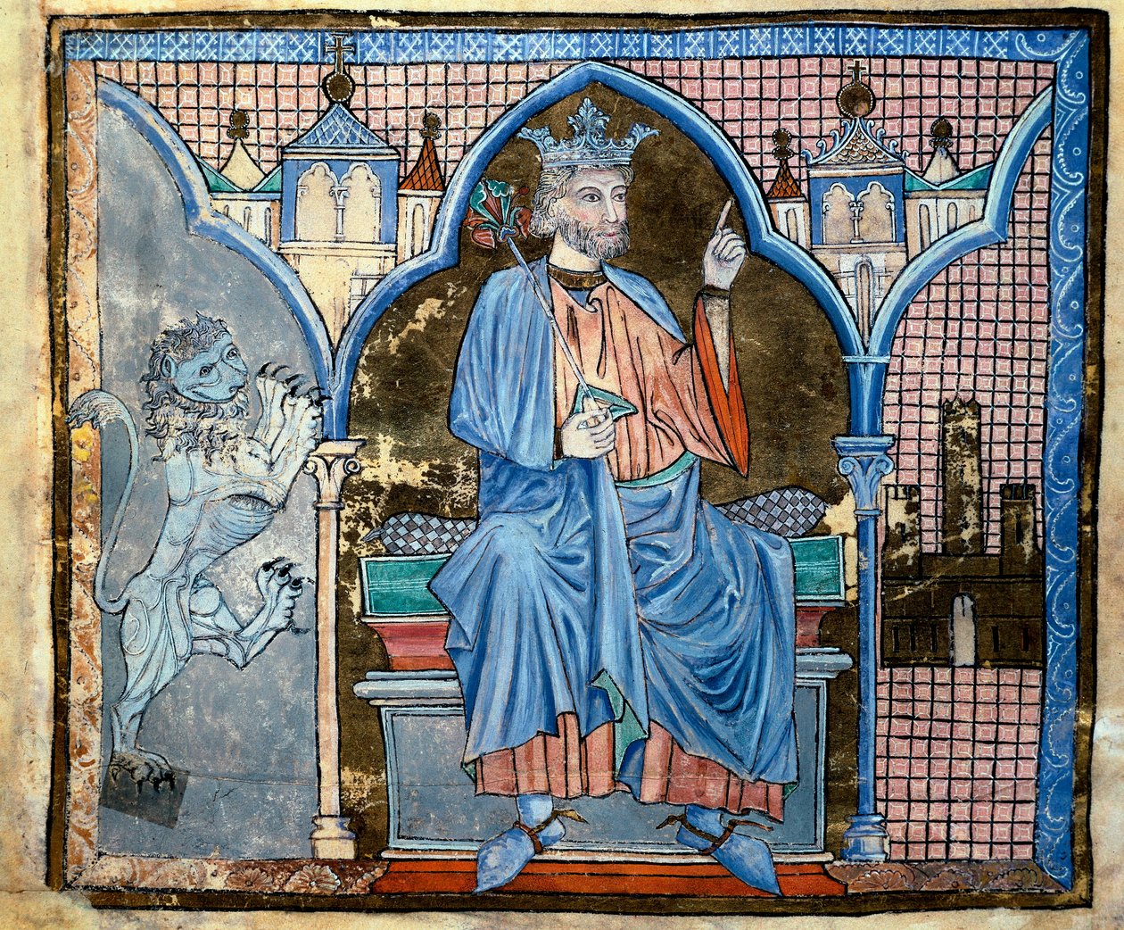 Darstellung von König Ferdinand III. von Kastilien oder Heiliger Ferdinand (1199-1252). Miniatur aus dem Manuskript „Index der königlichen Privilegien“ fol. 66 v. 13. Jahrhundert, Santiago de Compostela, Archive der Kathedrale von Unknown artist