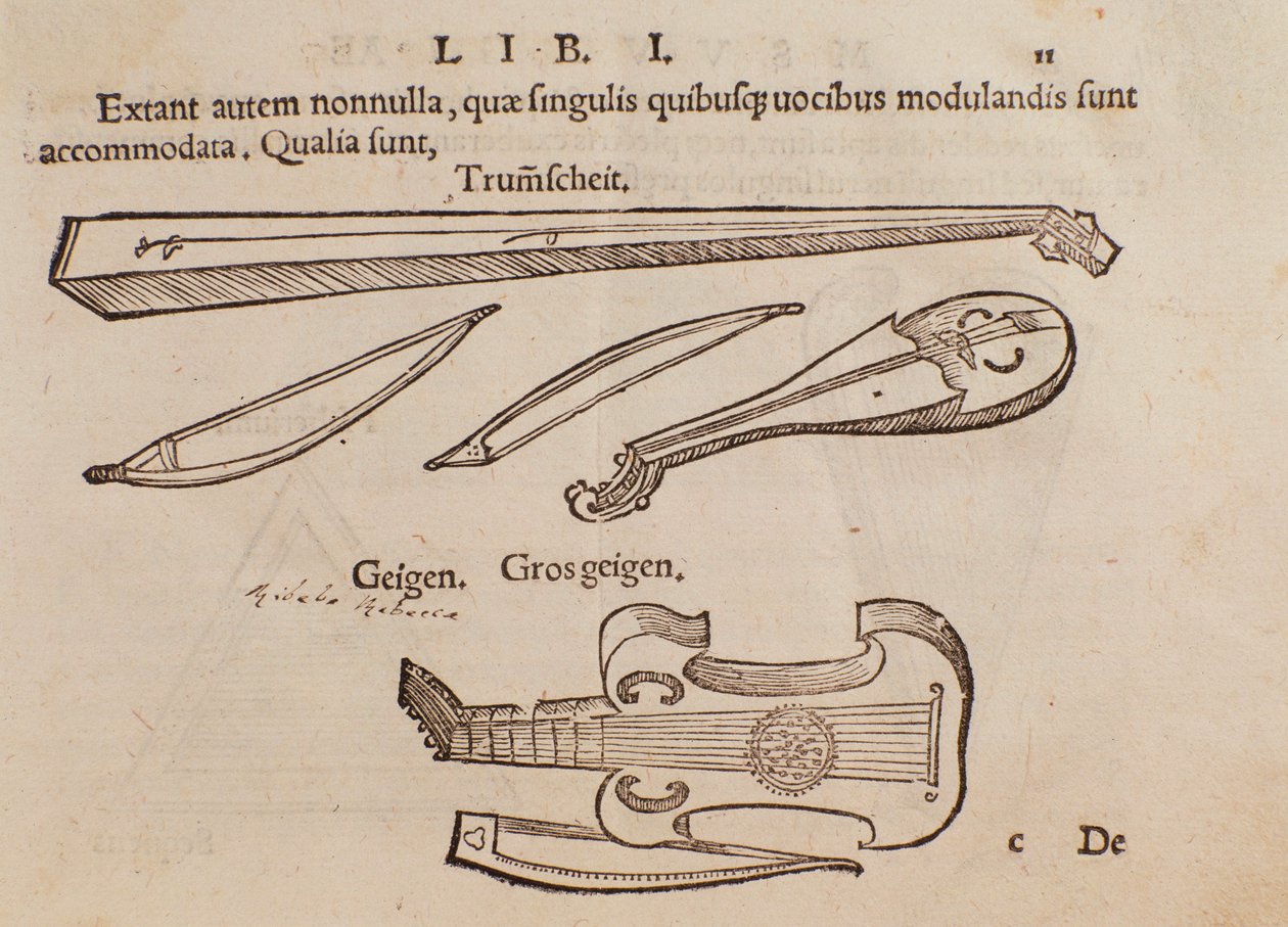 Darstellung von Streichinstrumenten und Bogenschützen. Seite aus Musurgia, praktische Anleitung zur Musik von Unknown artist