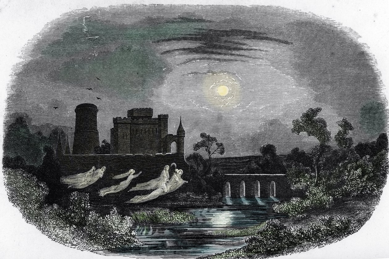 Darstellung der Geister der alten Herren von Blandy, die um die Mauern des Schlosses fliegen von Unknown artist