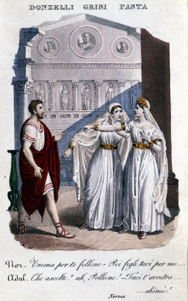 Darstellung der Interpreten der ersten Aufführung von „La Norma“ von Vincenzo Bellini (1801 - 1835): von links nach rechts Domenico Donzelli (Pollione), Giuditta Grisi (Adalgisa) und Giuditta Pasta (Norma). 1833 von Unknown artist