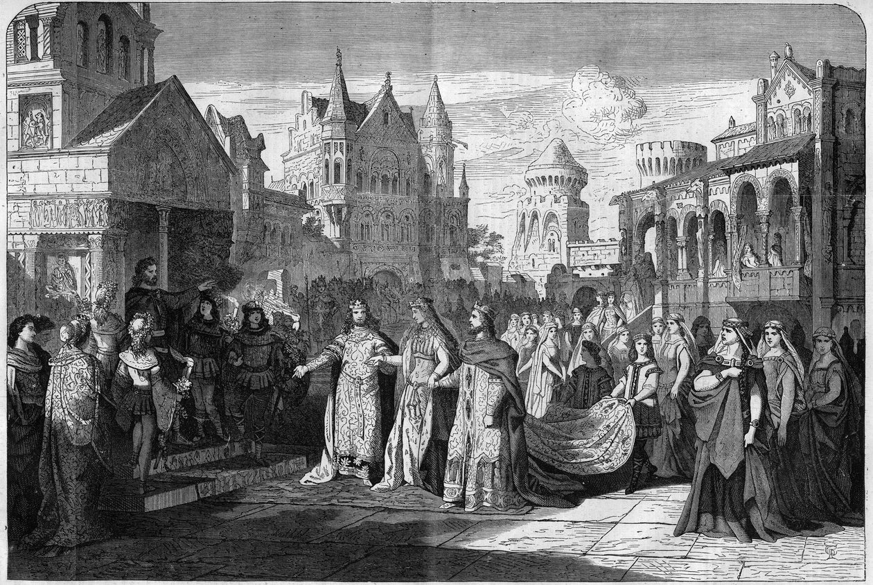 Darstellung der romantischen Oper „Lohengrin“ von Richard Wagner (1813-1883), Akt II letzte Szene, im Königlichen Theater in München, Deutschland. Gravur in „The Illustrious Universe“ von Unknown artist