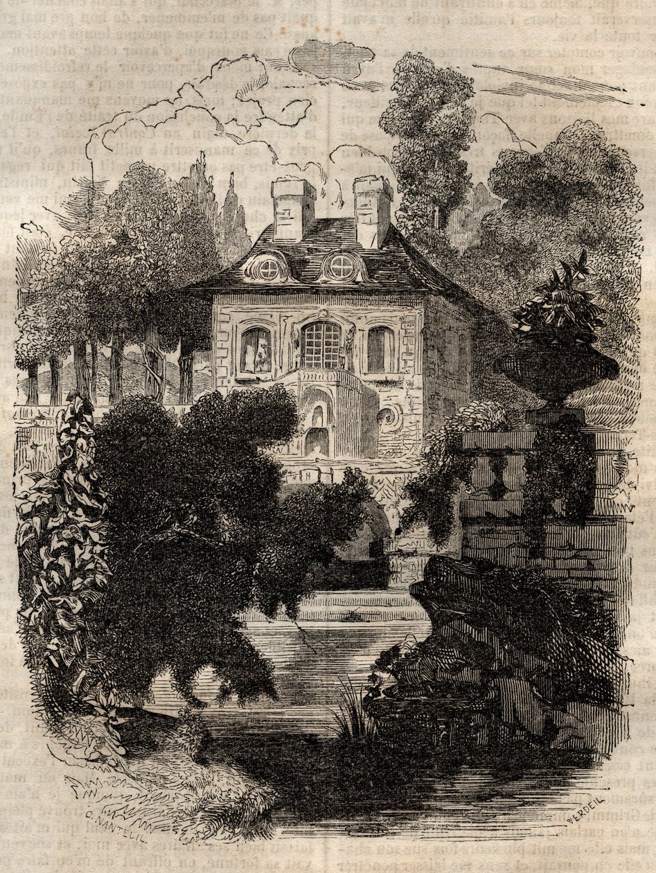 Residenz von Rousseau auf der Insel Saint-Pierre (St. Petersinsel) Bern - Schweiz - Illustration für die „Confessions“ von Jean-Jacques (Jean Jacques) Rousseau (1712-1778) - Gravur von 1849 von Unknown artist