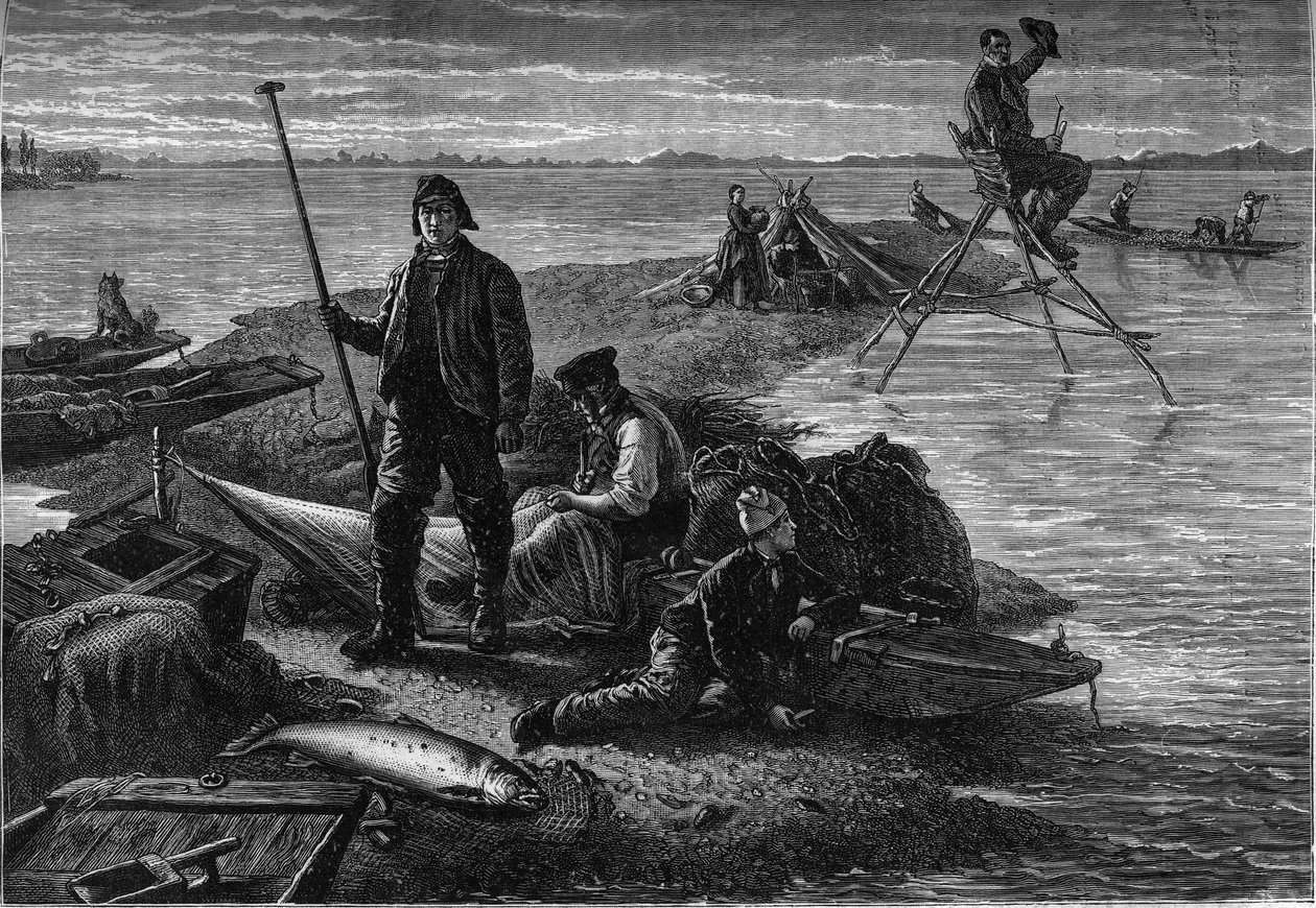 Rückkehr vom Lachsfang am Rheinufer. Gravur im Journal „La jeunesse“ von Unknown artist