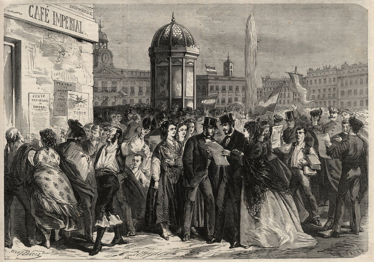 Revolution vom September 1868 in Spanien (Gloriosa): Verlesung des Manifests der Junta in der Straße von Alcala in Madrid. Gravur in „L