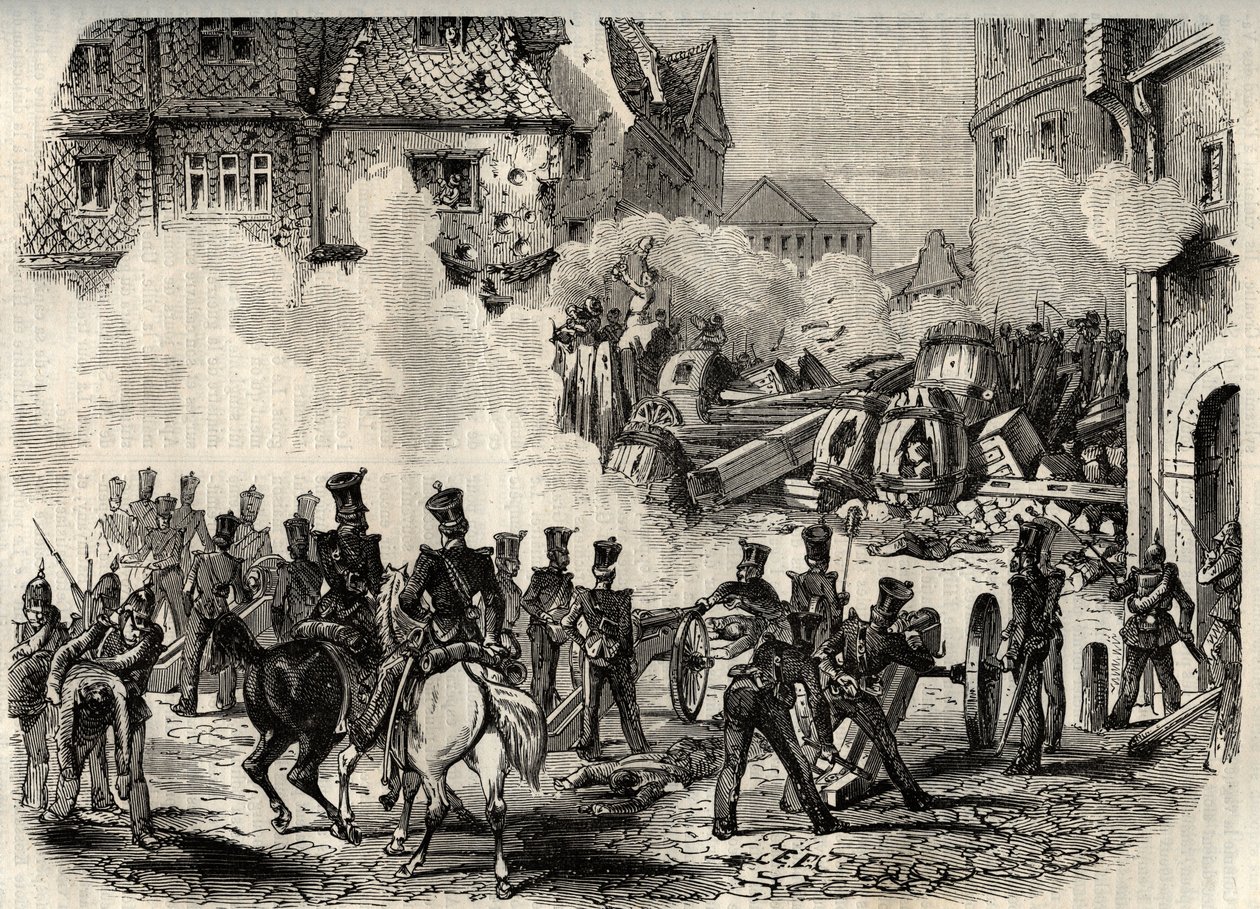 Revolutionen 1848-1849, Deutschland, Frankfurt - Truppen stürmen eine Barrikade in Frankfurt, Deutschland, am 18. September von Unknown artist