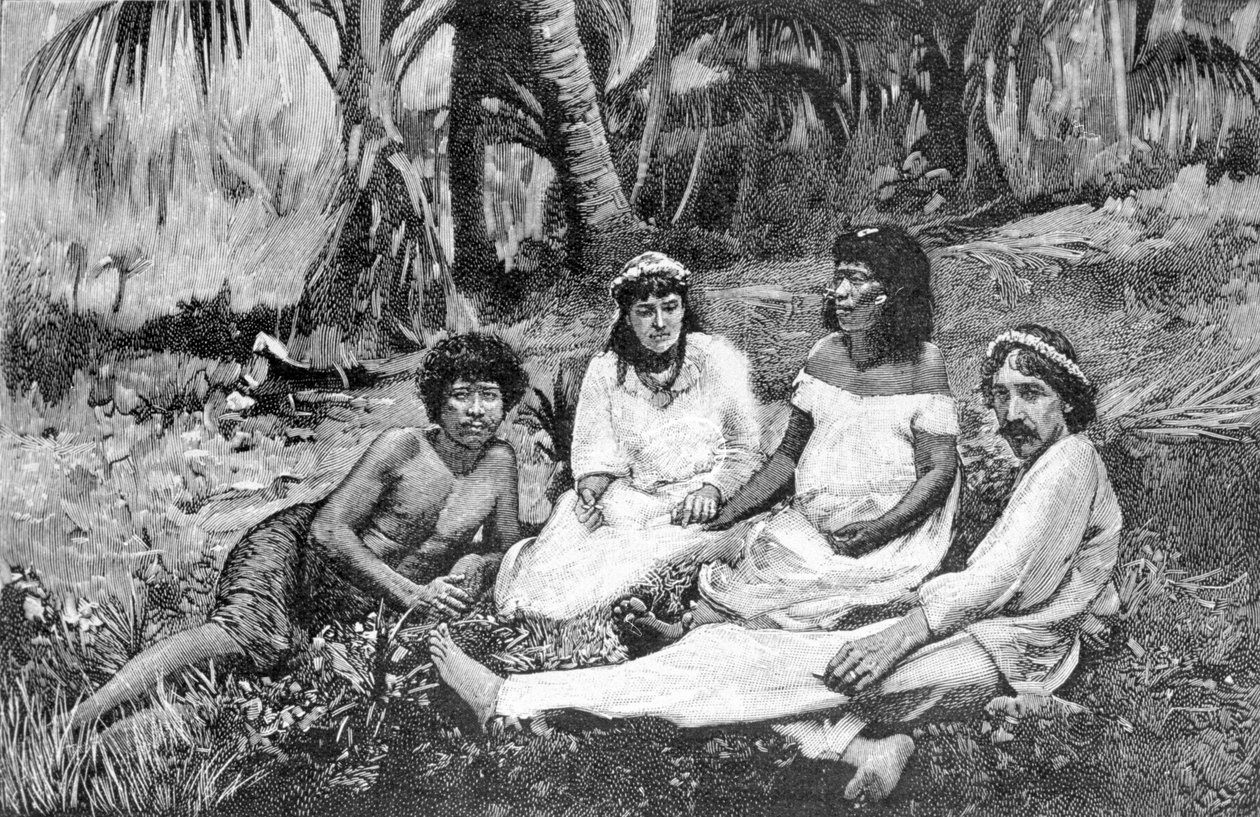 Robert Louis Stevenson (1850-1894) mit seiner Frau in Samoa, wo er seinen Wohnsitz hatte. Veröffentlicht in Vailima. Gravur um 1890-1895 von Unknown artist