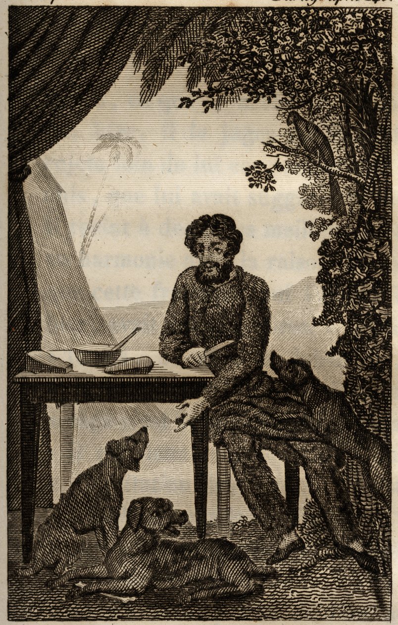 Robinson Crusoes Hunde warten darauf, dass er ihnen einige Stücke zu essen wirft, Gravur eingefügt in Daniel Defoes „Die Abenteuer von Robinson Crusoe“ (1660-1731), Ausgabe der Bildungsbuchhandlung, Paris 1838. Selva-Sammlung von Unknown artist