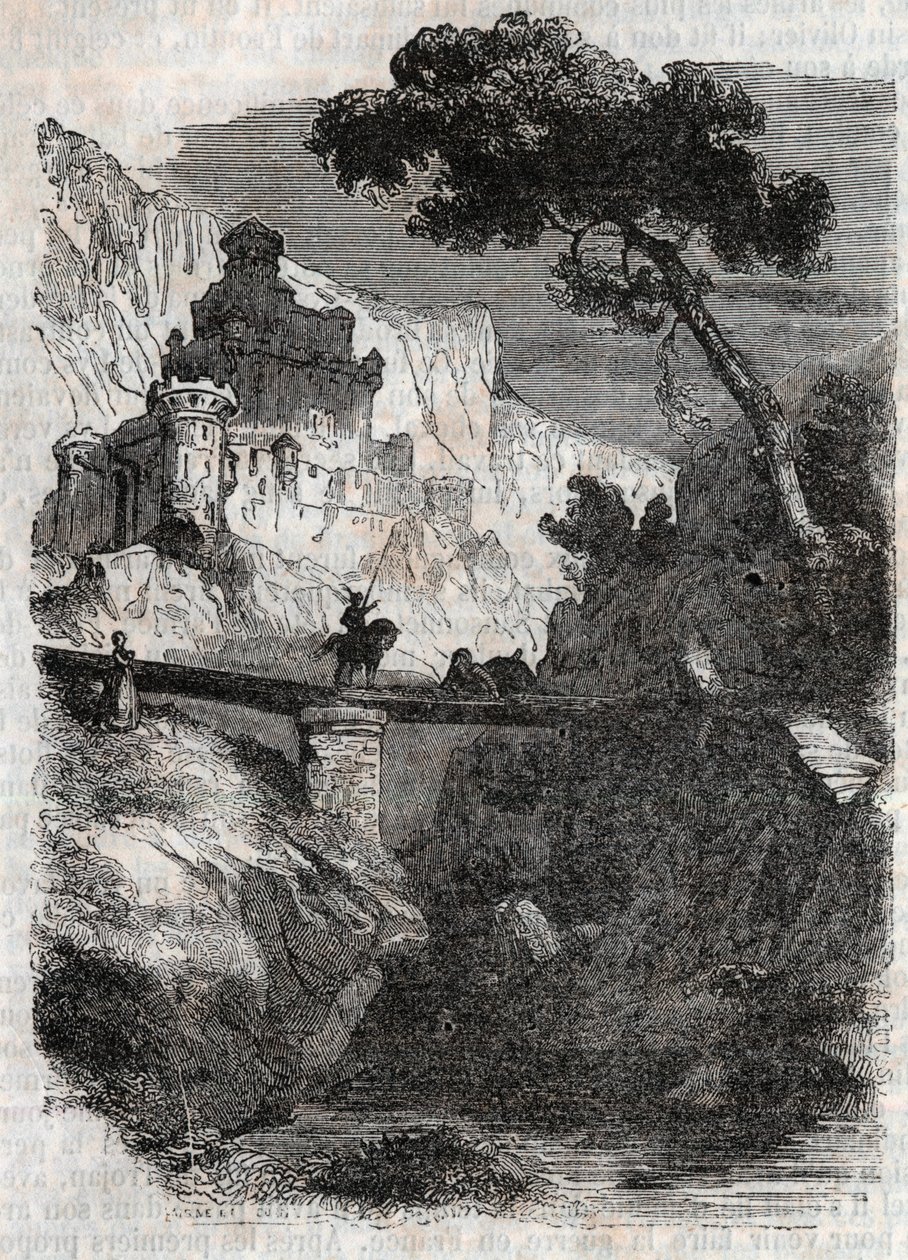Rodomont wird von Bradamante besiegt - Gravur von 1851 aus „Roland der Rasende“ (Orlando furioso) (16. Jahrhundert) von Ludovico Ariosto, bekannt als der Ariosta - Ausgabe, übersetzt aus dem Italienischen von Graf von Tressan und veröffentlicht von Gustave von Unknown artist