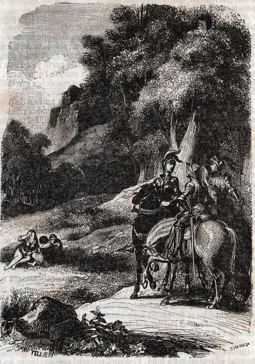 Roger, Marphise und die drei Frauen - Gravur von 1851 aus „Roland furieux“ (Orlando furioso) (16. Jahrhundert) von Ludovico Ariosto, bekannt als Ariosto - Ausgabe übersetzt aus dem Italienischen von Graf von Tressan und veröffentlicht von Gustave Harvard von Unknown artist