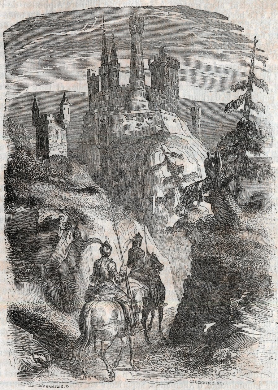 Roger und Richardet sehen das Schloss von Aigremont - Gravur von 1851 aus „Furioser Roland“ (Orlando furioso) (16. Jahrhundert) von Ludovico Ariosto, bekannt als der Ariosta - Ausgabe übersetzt aus dem Italienischen von Graf von Tressan und veröffentlicht  von Unknown artist