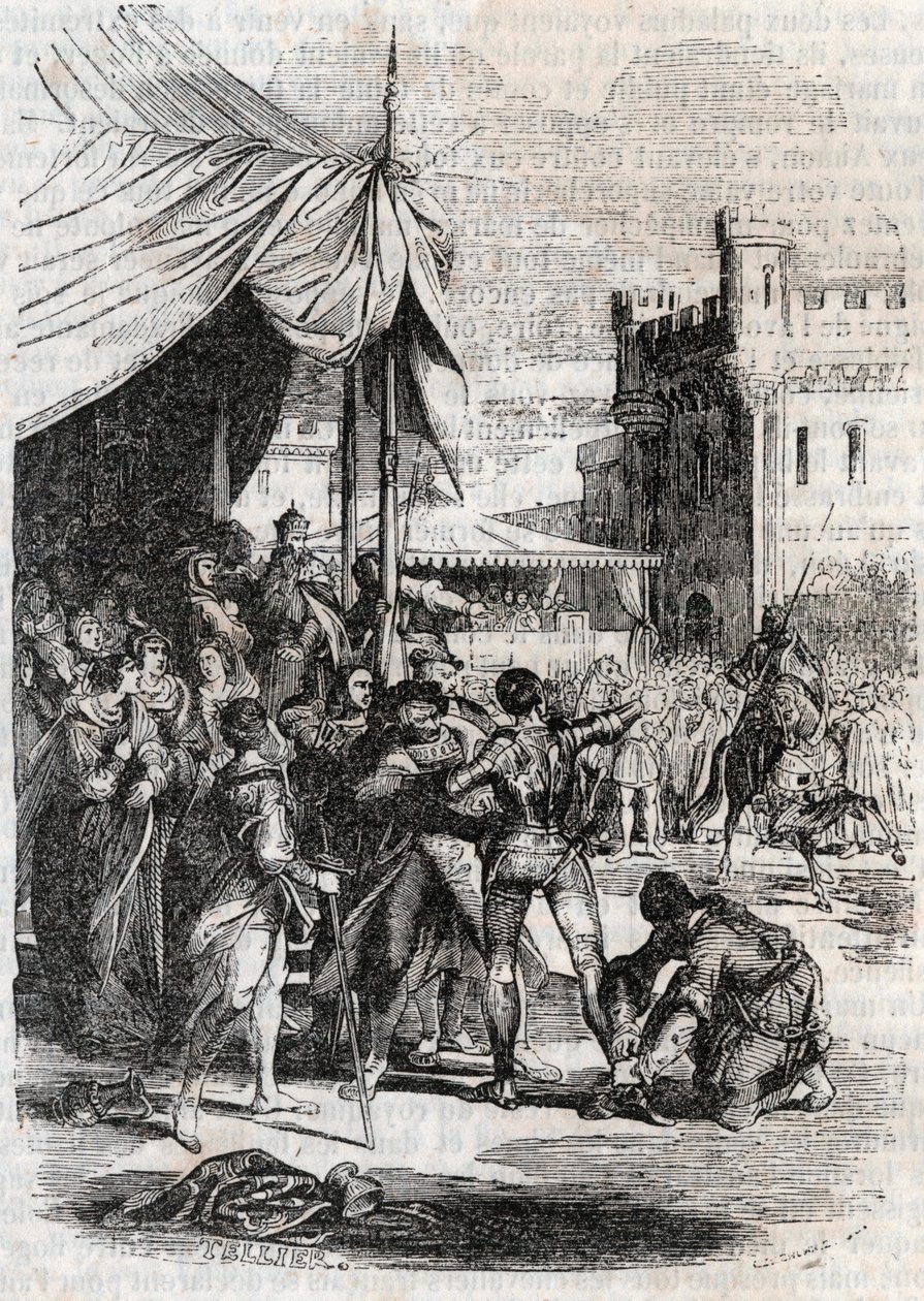 Roger (Ruggero, Ruggiero) fordert Rodomont (Rodomonte) zum Kampf heraus - Gravur von 1851 aus „Roland der Rasende“ (Orlando furioso) (16. Jahrhundert) von Ludovico Ariosto, bekannt als der Ariosta - Ausgabe, übersetzt aus dem Italienischen von Graf von Tre von Unknown artist