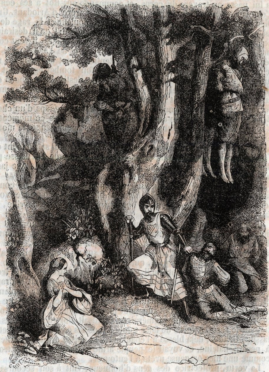 Roland und die sieben Räuber der Höhle - Gravur von 1851 aus „Roland furieux“ (Orlando furioso) (16. Jahrhundert) von Ludovico Ariosto, bekannt als der Ariosta - Ausgabe übersetzt aus dem Italienischen von Graf von Tressan und veröffentlicht von Gustave Ha von Unknown artist