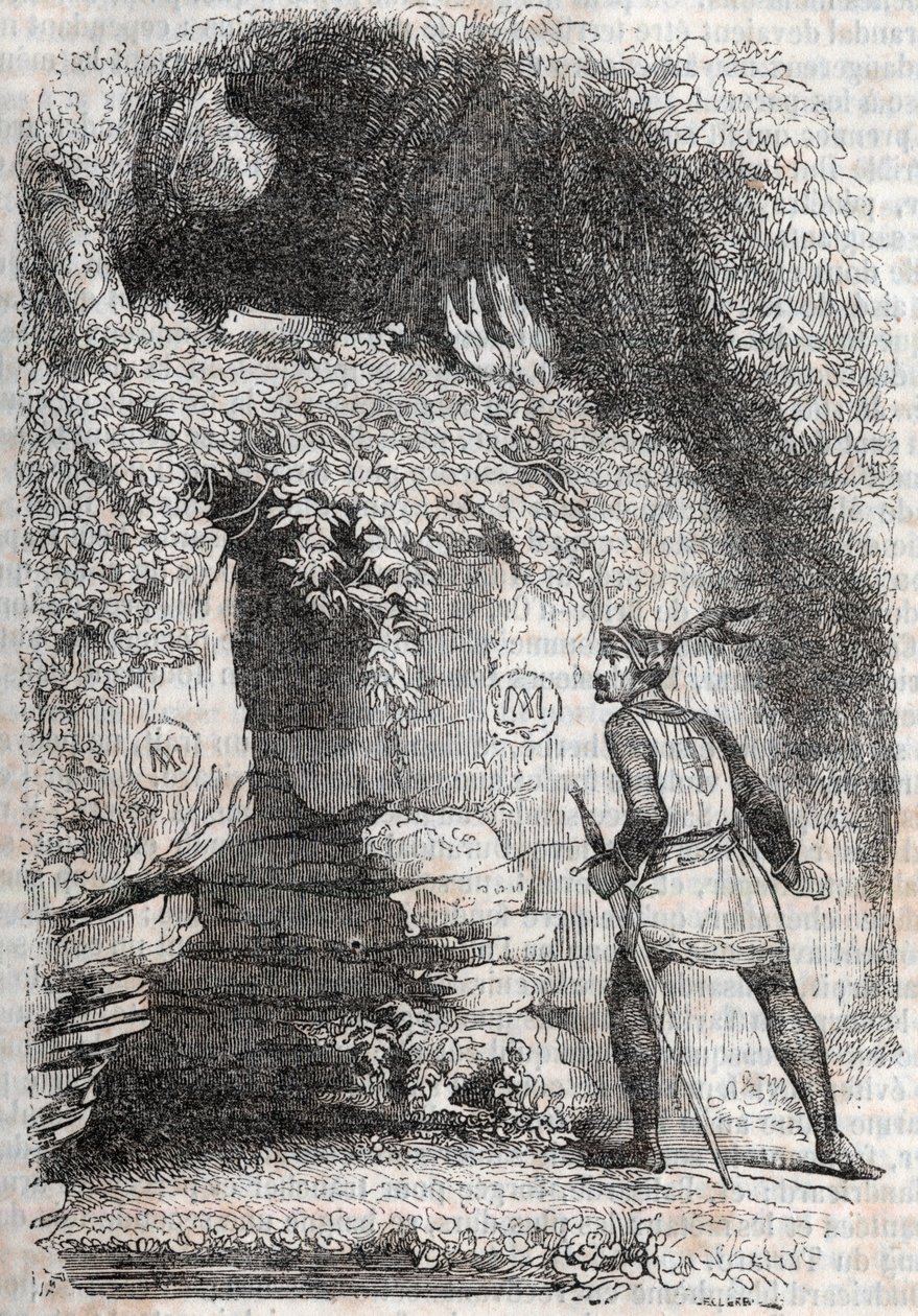 Roland findet die Figuren von Medor und Angelique - Gravur von 1851 aus „Furious Roland“ (Orlando furioso) (16. Jahrhundert) von Ludovico Ariosto, bekannt als Ariosto - Ausgabe übersetzt aus dem Italienischen von Graf von Tressan und veröffentlicht von Gus von Unknown artist