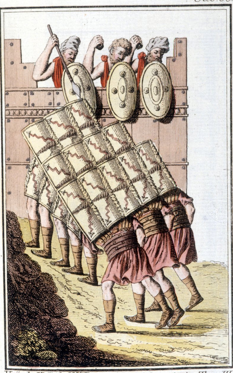 Römische Soldaten (Römische Legion) manövrieren und verteidigen sich mit ihren Schilden. Gravur aus dem frühen 19. Jahrhundert. von Unknown artist