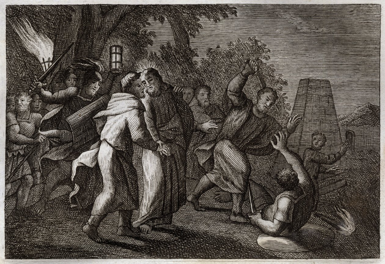 Bibel von Royaumont, Neues Testament: Verhaftung Jesu Christi oder der Kuss des Judas. Die Soldaten kommen, um Christus im Garten Gethsemane zu verhaften. St. Petrus schneidet einem von ihnen das Ohr ab. Illustration von 1811. von Unknown artist