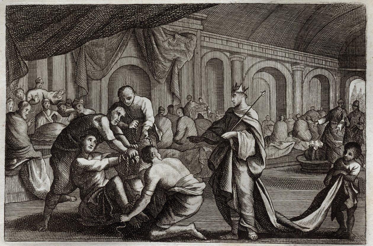 Royaumont-Bibel, Neues Testament: Hochzeitskleid. Gleichnis von einem König, der die Hochzeit seines Sohnes feierte und einen Mann, der kein Hochzeitskleid trug, hinauswarf. Illustration von 1811. von Unknown artist