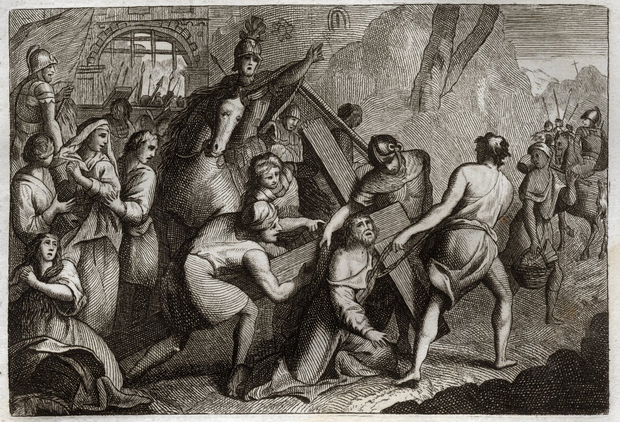 Royaumont-Bibel, Neues Testament: Kreuztragung (Kreuzweg). Jesus Christus trägt sein Kreuz auf den Berg Golgatha mit Hilfe von Simon von Kyrene (der Kyrenäer). Illustration von 1811. von Unknown artist