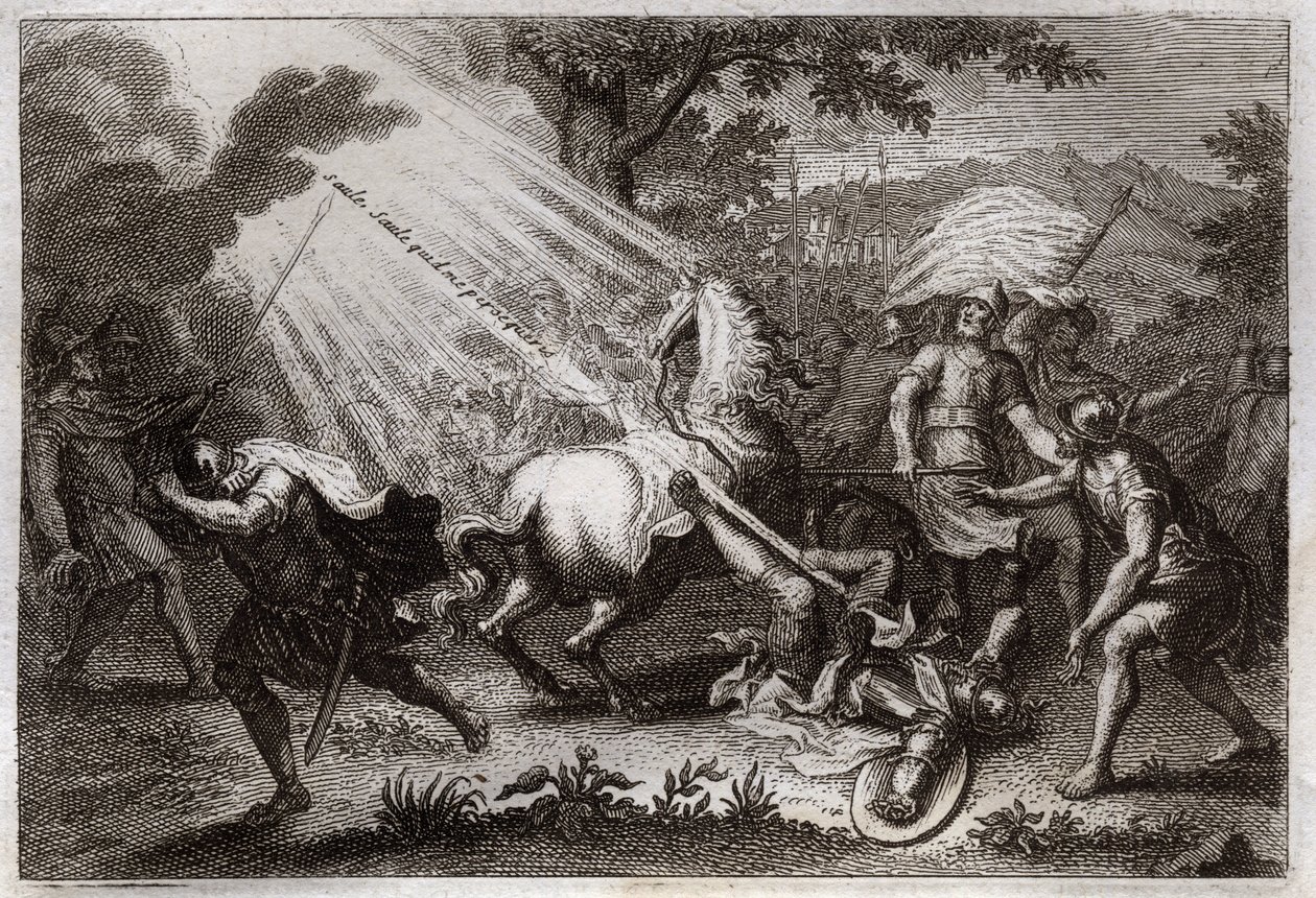 Royaumont-Bibel, Neues Testament: Bekehrung des heiligen Paulus auf dem Weg nach Damaskus. Er hört die Stimme von Jesus Christus, die zu ihm sagt: „Saul, Saul, warum verfolgst du mich?“ und ein Pferd fällt. Illustration von 1811 von Unknown artist
