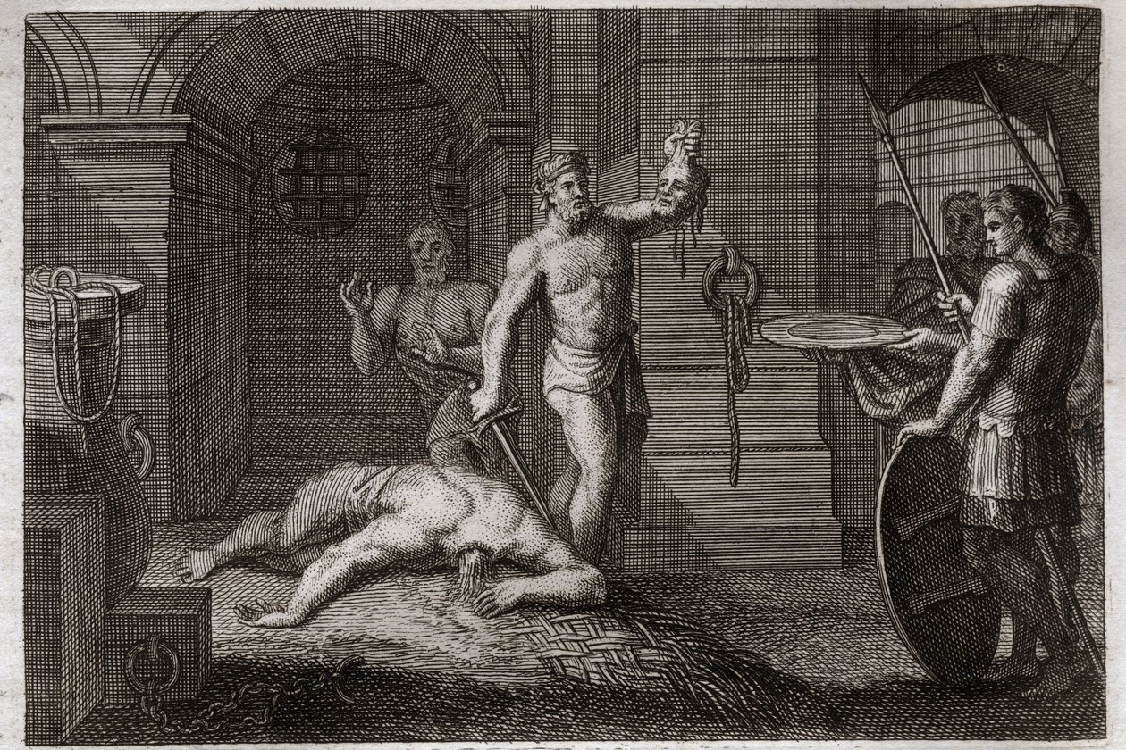 Royaumont-Bibel, Neues Testament: Enthauptung von Johannes dem Täufer. Man legt seinen Kopf auf ein Tablett. Illustration von 1811. von Unknown artist