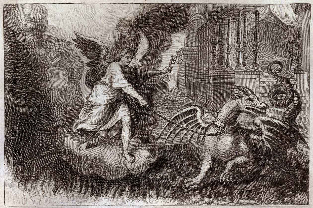 Royaumont-Bibel, Neues Testament: Drachenketten. Der Drache der Offenbarung, Symbol des Teufels, wird von einem Engel, der den Schlüssel des Abgrunds hält, angekettet. Illustration von 1811. von Unknown artist