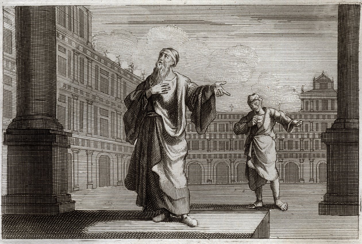 Royaumont-Bibel, Neues Testament: Gleichnis vom Pharisäer und Zöllner, die im Tempel beten. Illustration von 1811 von Unknown artist