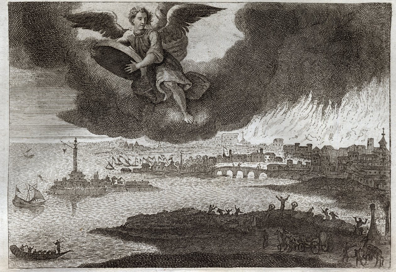 Royaumont-Bibel, Neues Testament: Ruine von Babylon. Babylon in Flammen, ein Engel wirft einen Stein ins Meer, symbolisiert die Zerstörung dieser Stadt während der Offenbarung. Illustration von 1811. von Unknown artist