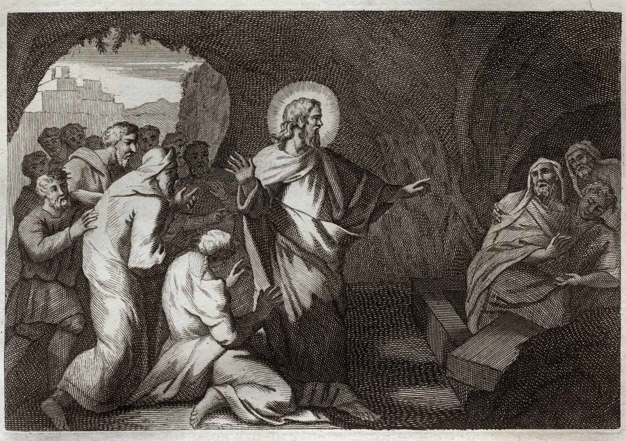 Royaumont-Bibel, Neues Testament: Die Auferweckung des Lazarus durch Jesus Christus. Illustration von 1811. von Unknown artist