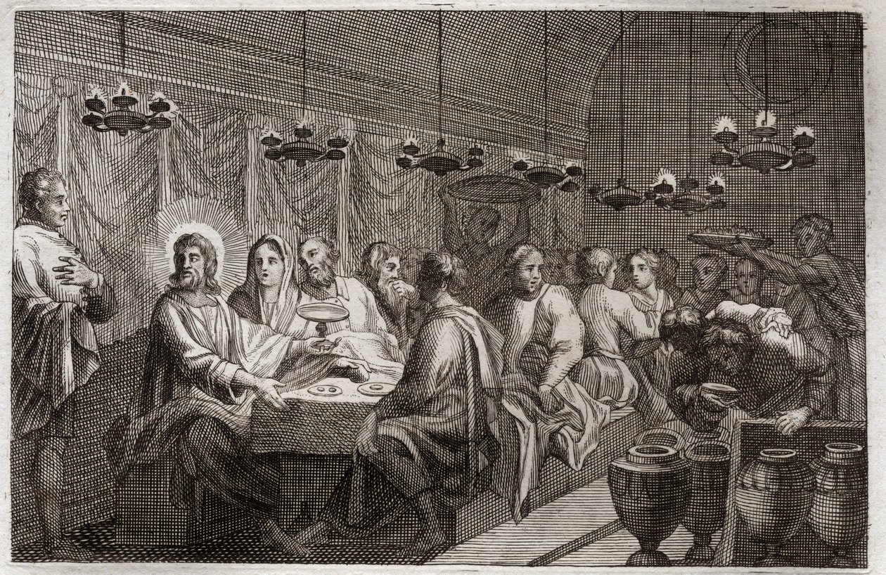 Royaumont-Bibel, Neues Testament: Die Hochzeit zu Kana. Erstes Wunder von Jesus Christus, der Wasser in Wein verwandelte. Illustration von 1811. von Unknown artist
