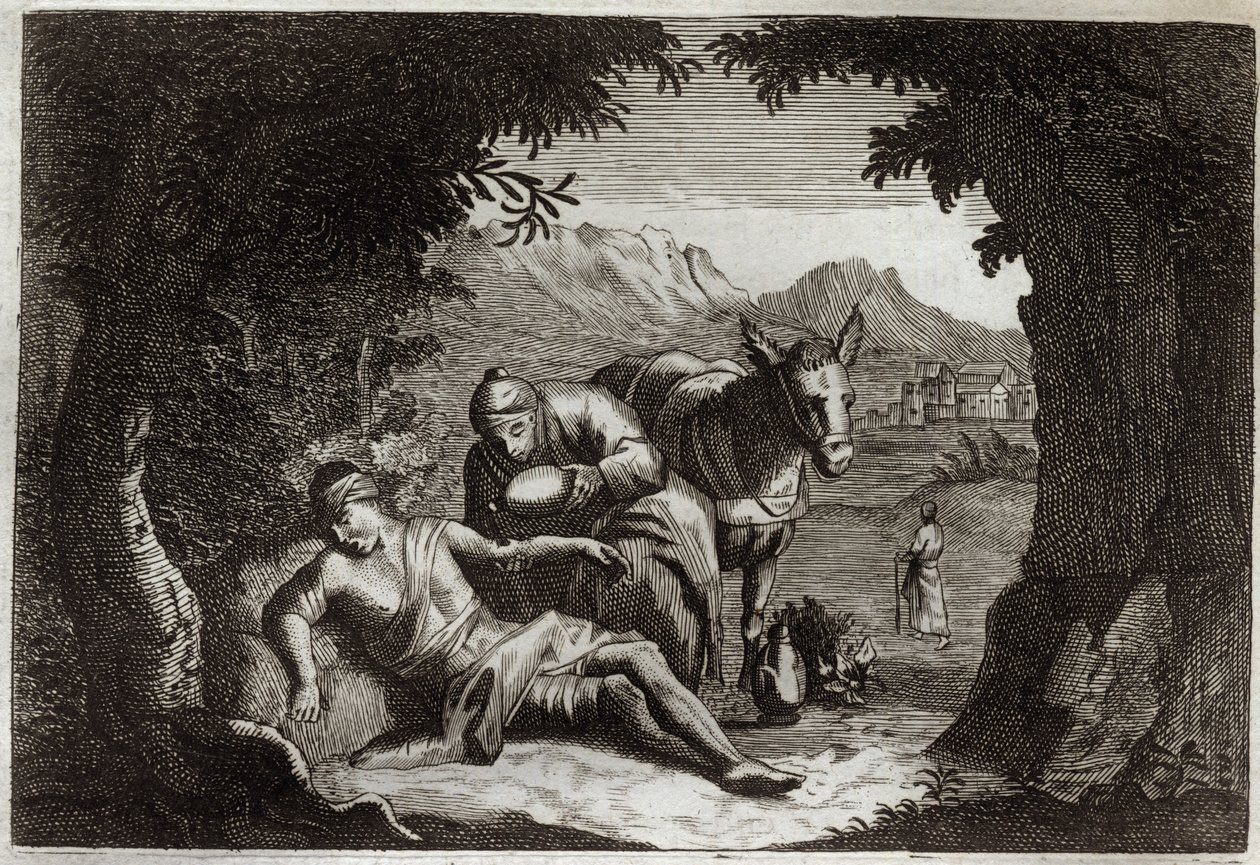 Royaumont-Bibel, Neues Testament: Das Gleichnis vom barmherzigen Samariter. Der Samariter hält auf seinem Weg an, um dem Mann in Not zu helfen. Illustration von 1811. von Unknown artist