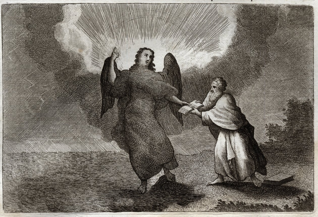 Royaumont-Bibel, Neues Testament: Vision des Heiligen Johannes. Vision des Engels mit einem offenen Buch, das Johannes zum Verzehr gibt. Illustration von 1811. von Unknown artist