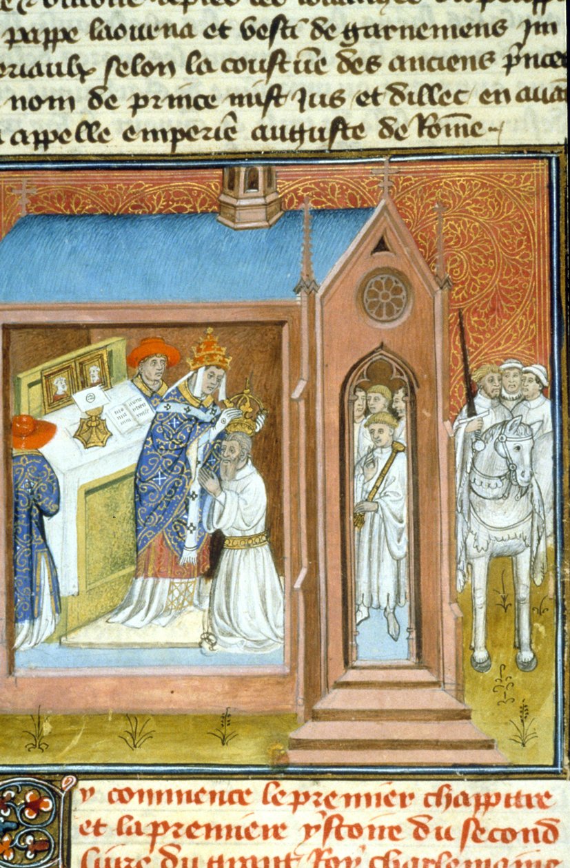 Krönung von Karl dem Großen (742 - 814) im Jahr 800 durch Papst Leo III. - Illumination eines Manuskripts aus dem Mittelalter (ref. 512, 089v) Genehmigung der Stadtbibliothek Toulouse erforderlich (tel: 05 62 27 66 66) von Unknown artist