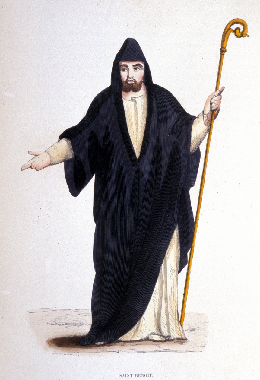 Heiliger Benedikt von Nursia (geboren in Nursia (Nursia) in Umbrien um 480 - 527). Gravur aus einem Album über religiöse Orden, Paris von Unknown artist