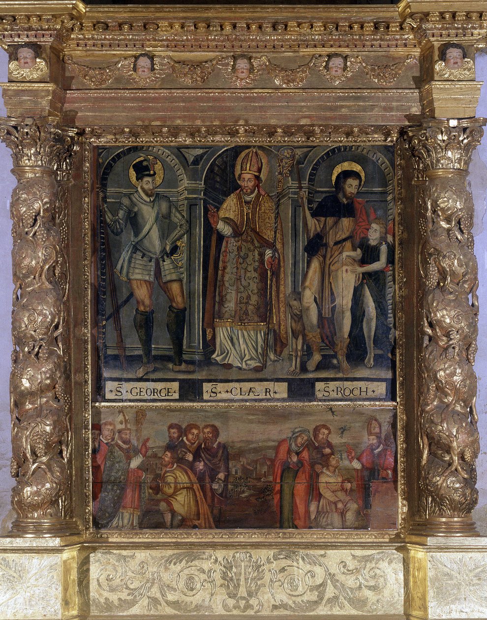 Altar von Saint Clair oder Saint Roch: St. Roch und der Knopf der Pest und St. Georg in der Mode von Heinrich III - Kirche Unserer Lieben Frau von der Himmelfahrt von Rognes von Unknown artist